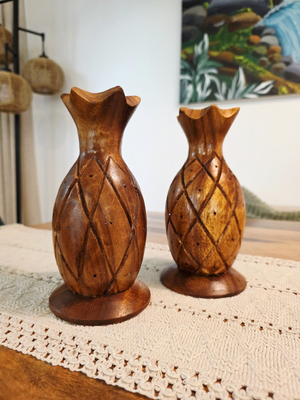 Vintage Monkey Pod Wood Pineapple Bookends Statues Set of 2